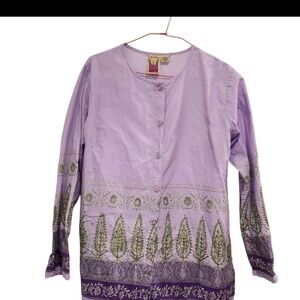 Women Top Purple Small Embroidered Cotton Button Down Lightweight